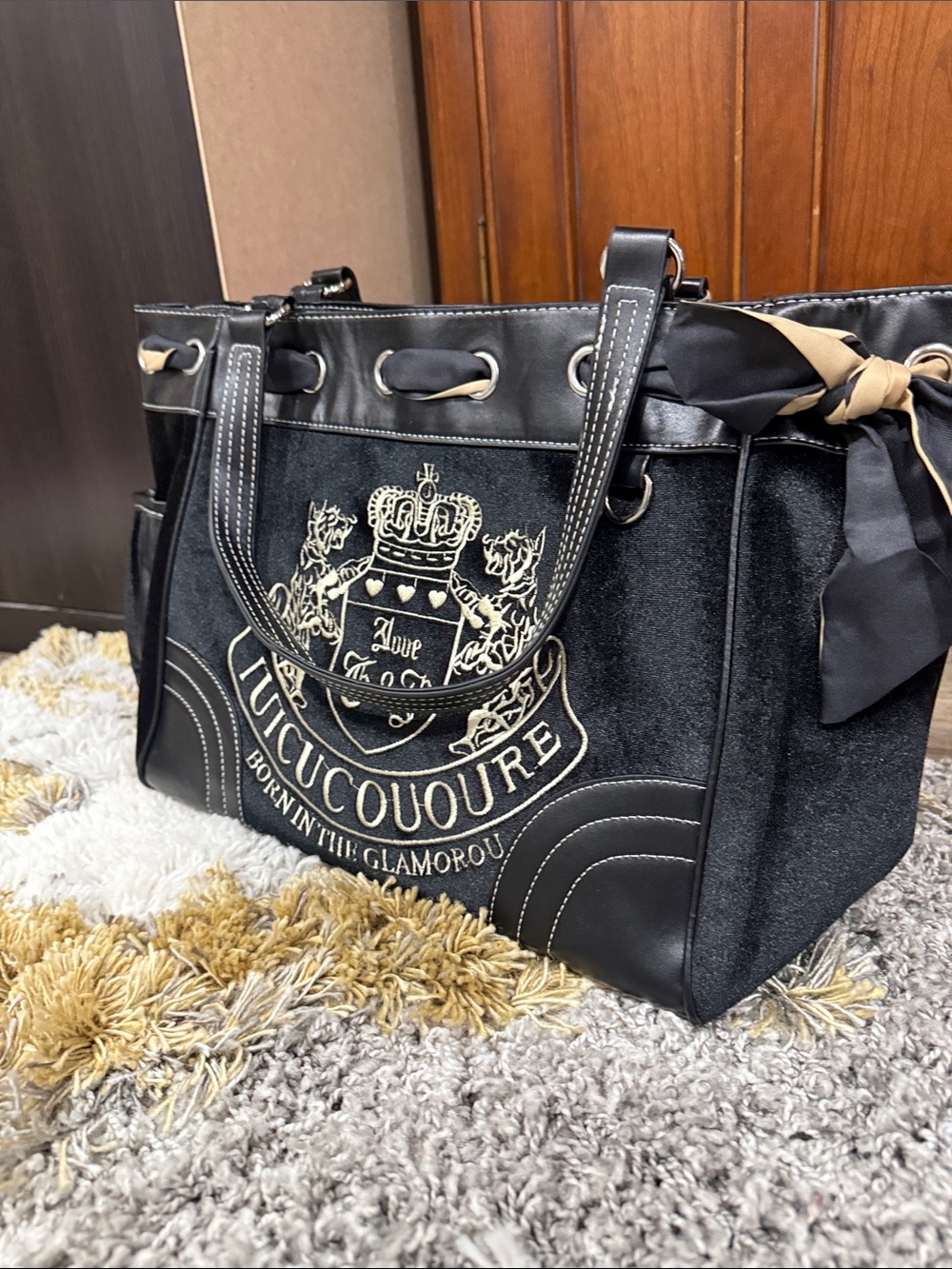 Black Crest Tote with Scarf Accent / Juicy Cocououre / Large Bag / Black Purse